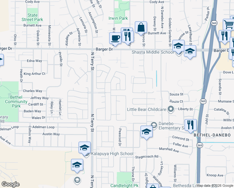 map of restaurants, bars, coffee shops, grocery stores, and more near 1699 North Terry Street in Eugene