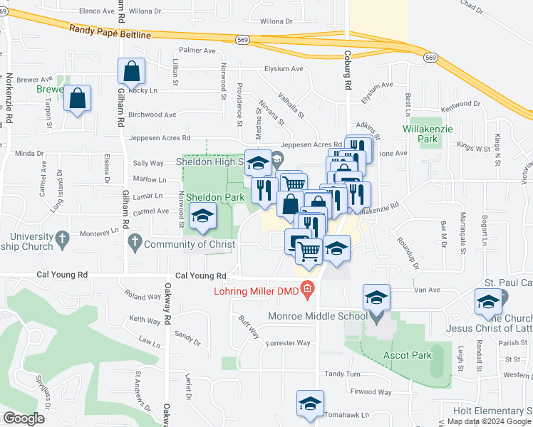 map of restaurants, bars, coffee shops, grocery stores, and more near 2508 Willakenzie Road in Eugene