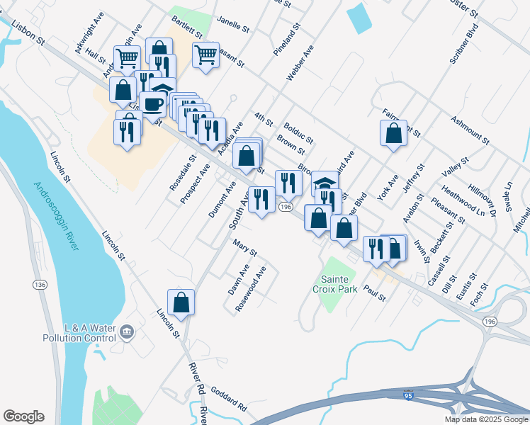 map of restaurants, bars, coffee shops, grocery stores, and more near 1035 Maine 196 in Lewiston