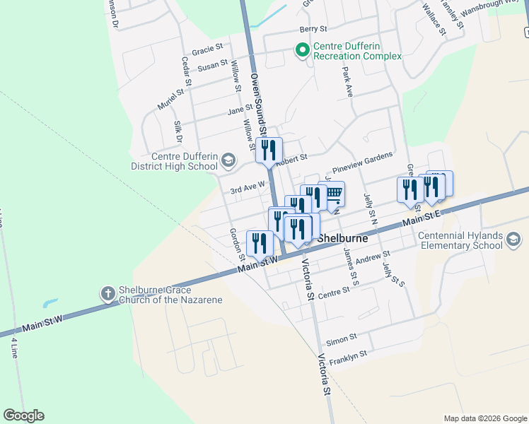map of restaurants, bars, coffee shops, grocery stores, and more near Second Avenue West in Shelburne