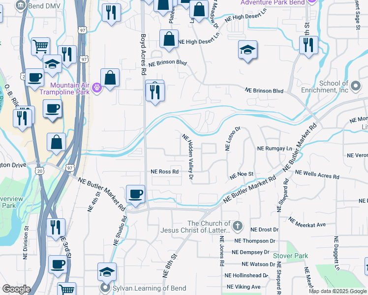 map of restaurants, bars, coffee shops, grocery stores, and more near 3058 Northeast Weddell Street in Bend