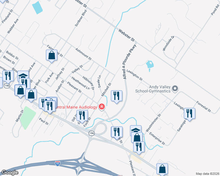 map of restaurants, bars, coffee shops, grocery stores, and more near 16 Mitchell Street in Lewiston