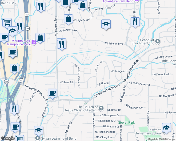map of restaurants, bars, coffee shops, grocery stores, and more near 1102 Northeast Kayak Loop in Bend
