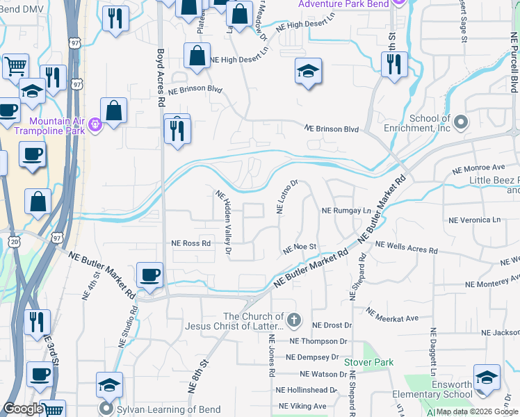 map of restaurants, bars, coffee shops, grocery stores, and more near 1062 Northeast Kayak Loop in Bend