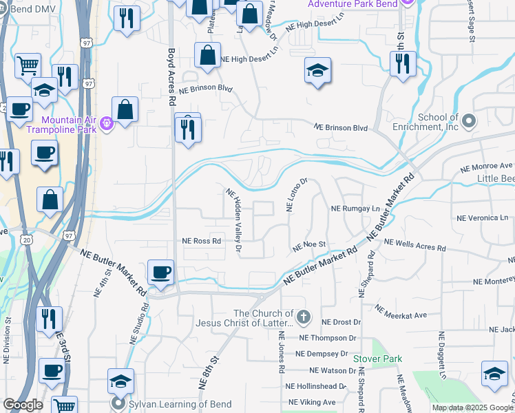 map of restaurants, bars, coffee shops, grocery stores, and more near 1114 Northeast Kayak Loop in Bend