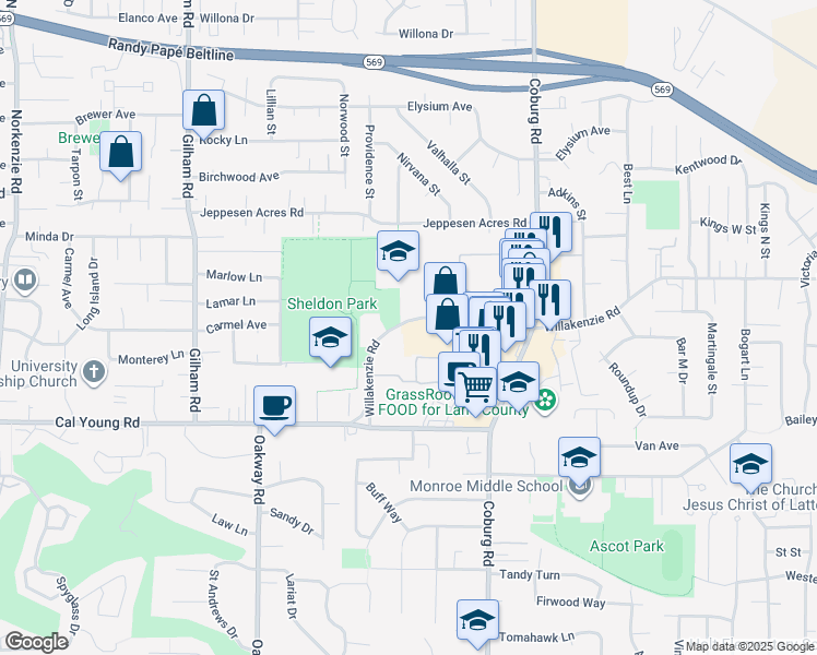map of restaurants, bars, coffee shops, grocery stores, and more near 2508 Willakenzie Road in Eugene