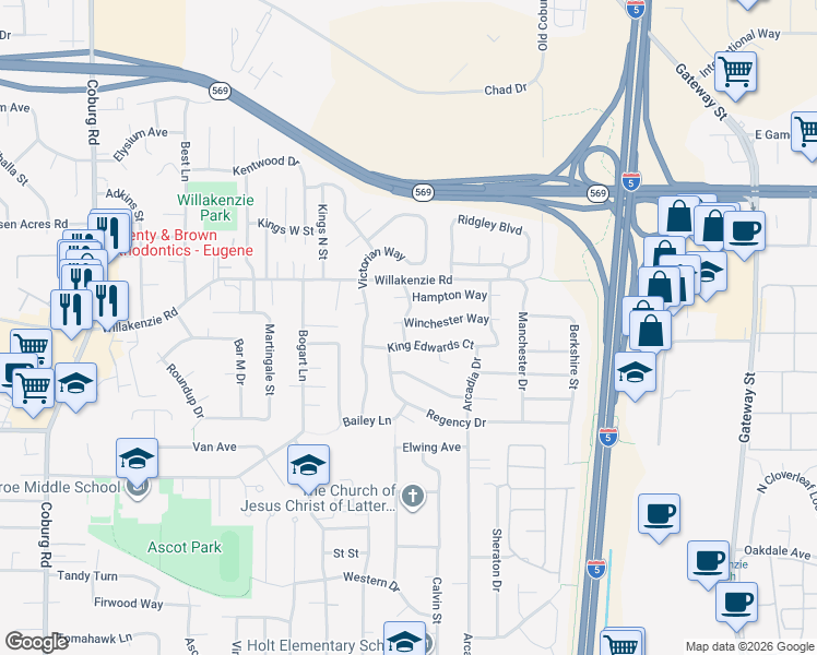 map of restaurants, bars, coffee shops, grocery stores, and more near 3322 Winchester Way in Eugene