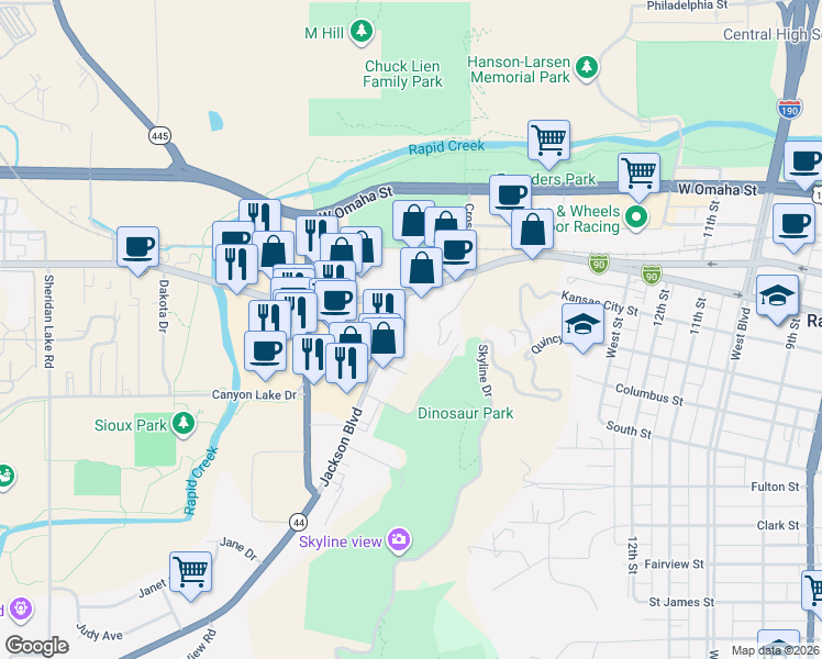 map of restaurants, bars, coffee shops, grocery stores, and more near 630 Jackson Boulevard in Rapid City