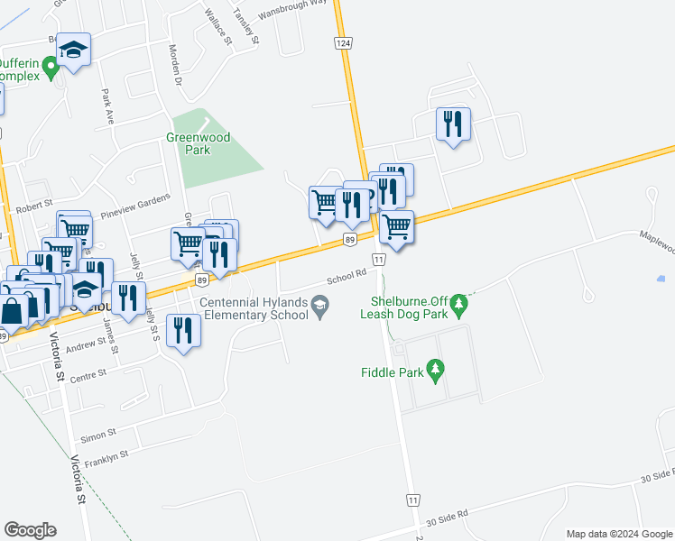 map of restaurants, bars, coffee shops, grocery stores, and more near 10 School Road in Shelburne