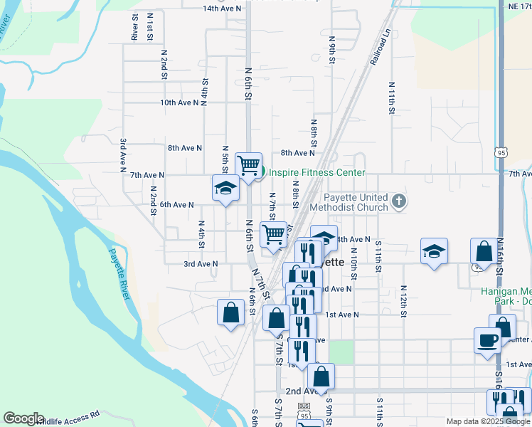 map of restaurants, bars, coffee shops, grocery stores, and more near 541 North 7th Street in Payette