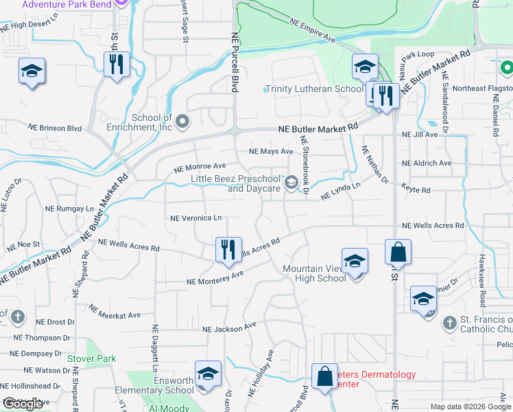 map of restaurants, bars, coffee shops, grocery stores, and more near 2195 Northeast Lynda Lane in Bend