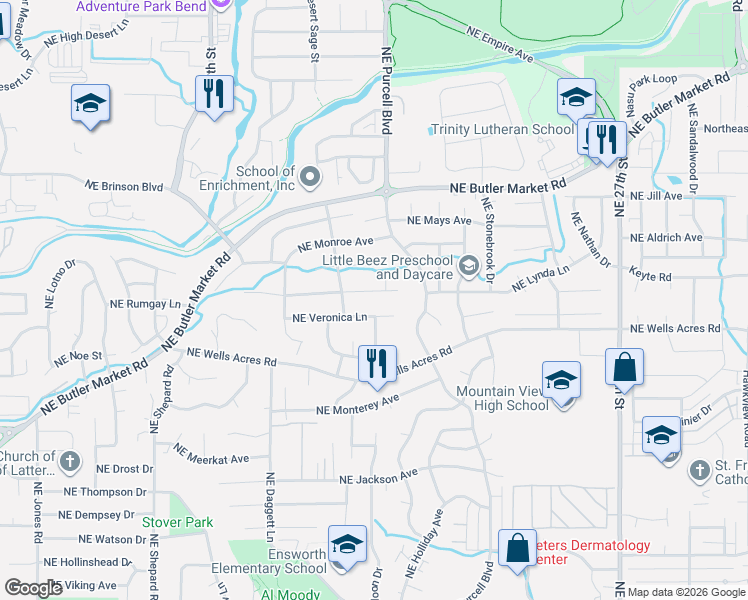 map of restaurants, bars, coffee shops, grocery stores, and more near 1971 Northeast Hollowtree Lane in Bend