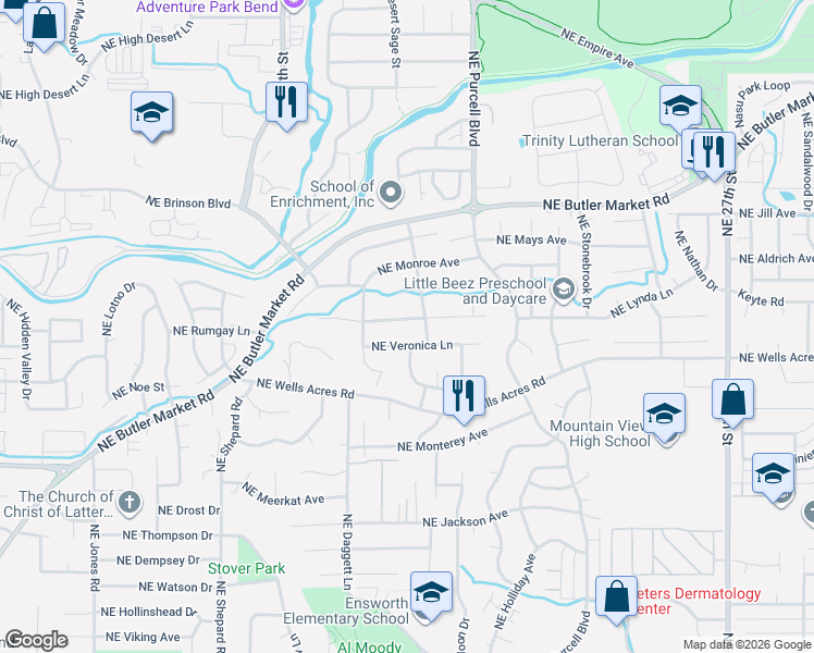 map of restaurants, bars, coffee shops, grocery stores, and more near 1917 Northeast Hollowtree Lane in Bend