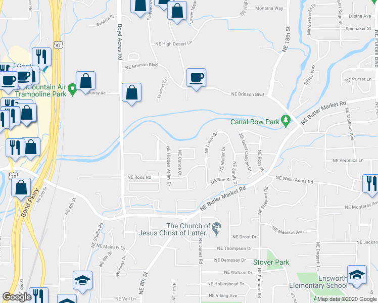 map of restaurants, bars, coffee shops, grocery stores, and more near 1109 Northeast Kayak Loop in Bend