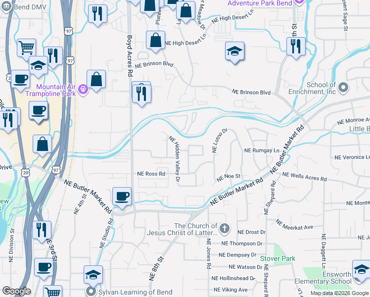 map of restaurants, bars, coffee shops, grocery stores, and more near 839 Northeast Hidden Valley Drive in Bend