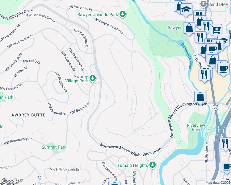 map of restaurants, bars, coffee shops, grocery stores, and more near 2964 Northwest Fairway Heights Drive in Bend