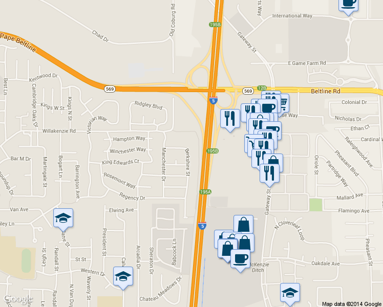 map of restaurants, bars, coffee shops, grocery stores, and more near 3595 Berkshire Street in Eugene