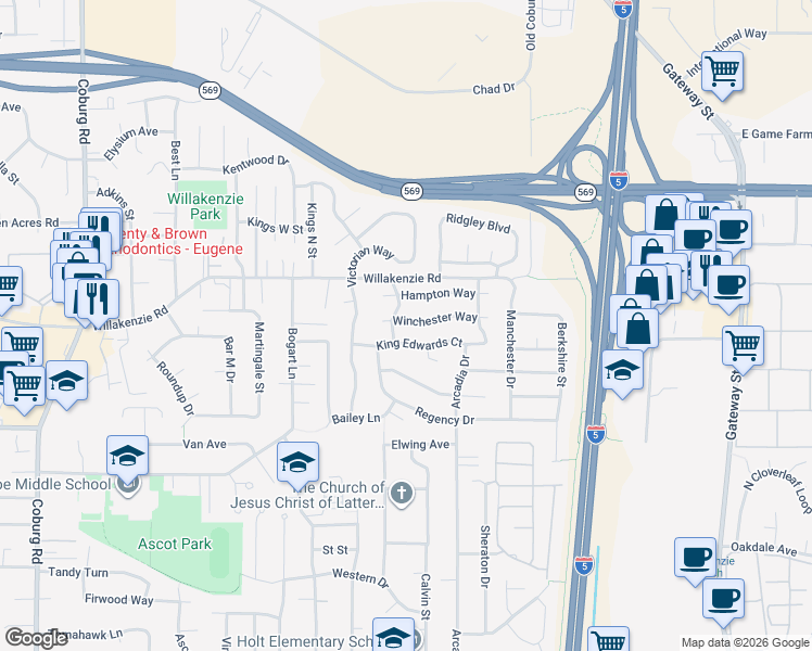 map of restaurants, bars, coffee shops, grocery stores, and more near 3322 Winchester Way in Eugene