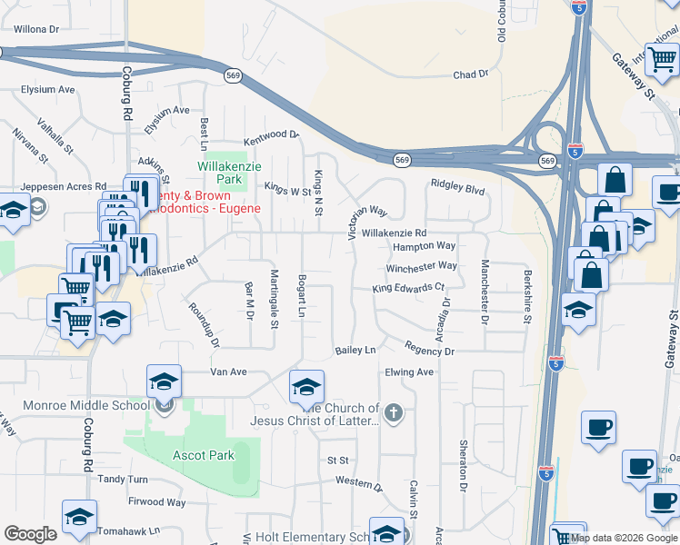 map of restaurants, bars, coffee shops, grocery stores, and more near 1566 Victorian Way in Eugene