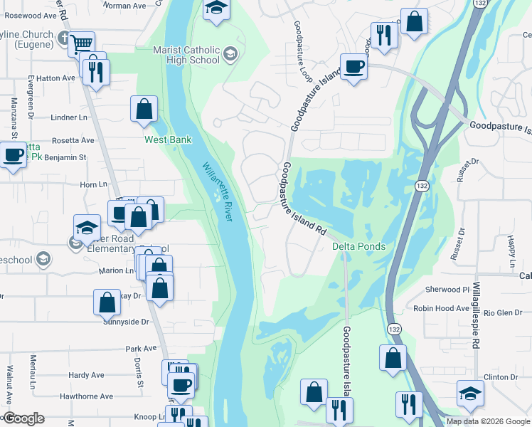 map of restaurants, bars, coffee shops, grocery stores, and more near 660 Wimbledon Court in Eugene