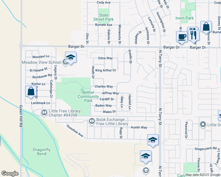 map of restaurants, bars, coffee shops, grocery stores, and more near 5422 Charles Way in Eugene