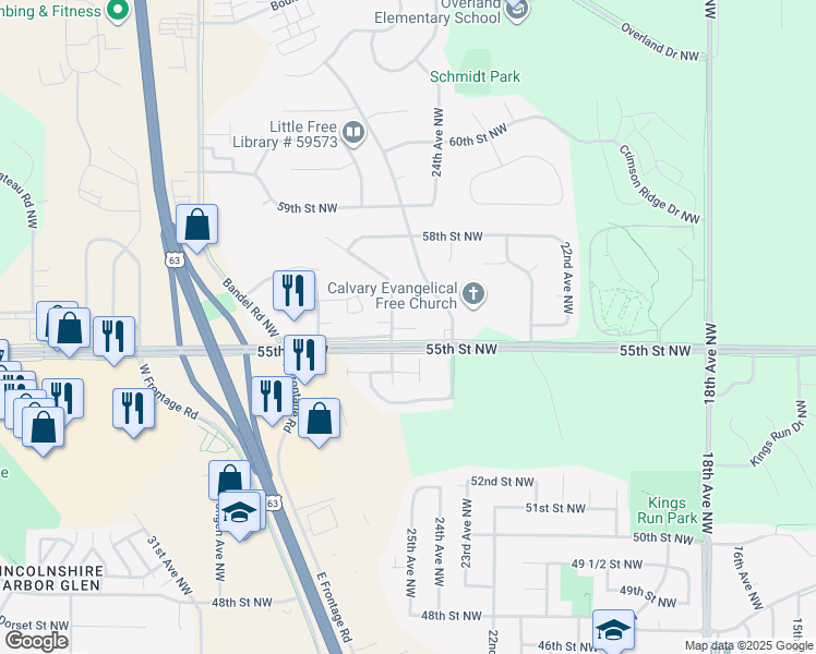 map of restaurants, bars, coffee shops, grocery stores, and more near 5508 26th Avenue Northwest in Rochester