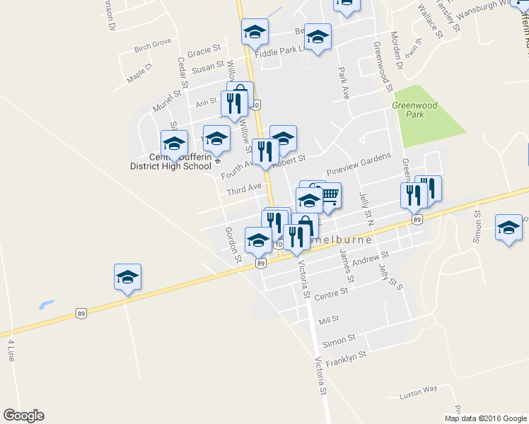 map of restaurants, bars, coffee shops, grocery stores, and more near Second Avenue West in Shelburne