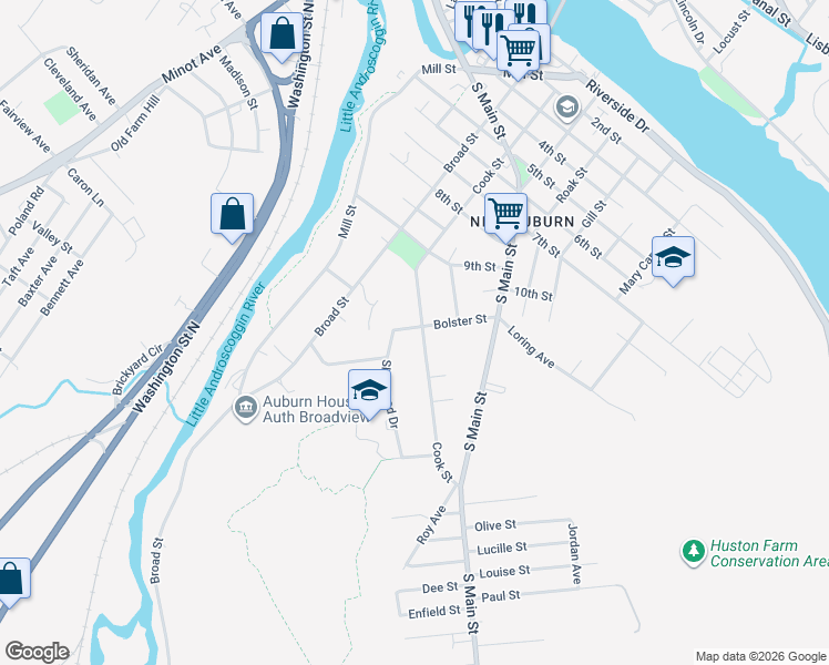 map of restaurants, bars, coffee shops, grocery stores, and more near 50 Bolster Street in Auburn