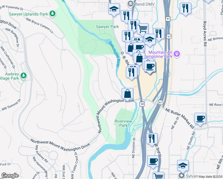 map of restaurants, bars, coffee shops, grocery stores, and more near 3041 Northwest Golf View Drive in Bend