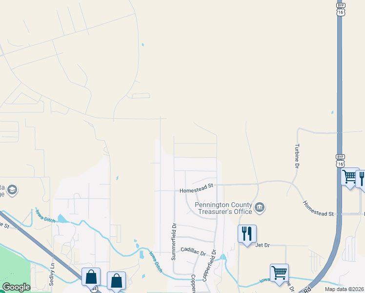 map of restaurants, bars, coffee shops, grocery stores, and more near 1021 Summerfield Drive in Rapid City