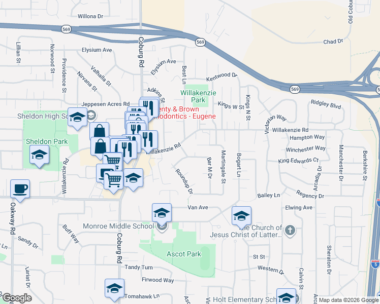 map of restaurants, bars, coffee shops, grocery stores, and more near 1586 Martingale Street in Eugene