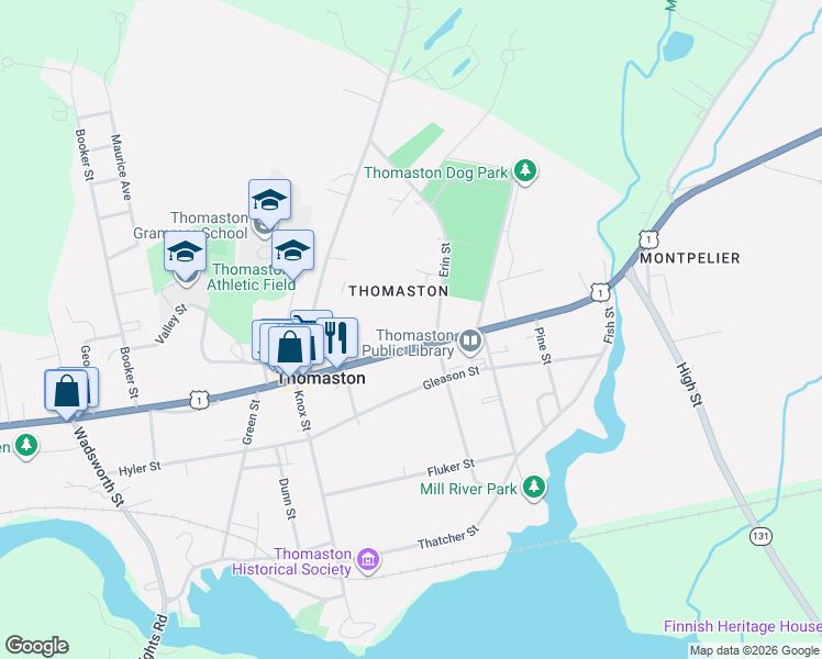 map of restaurants, bars, coffee shops, grocery stores, and more near 85 Main Street in Thomaston