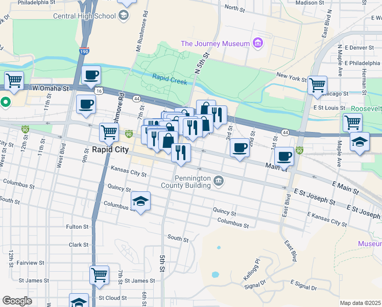 map of restaurants, bars, coffee shops, grocery stores, and more near 415 Main Street in Rapid City
