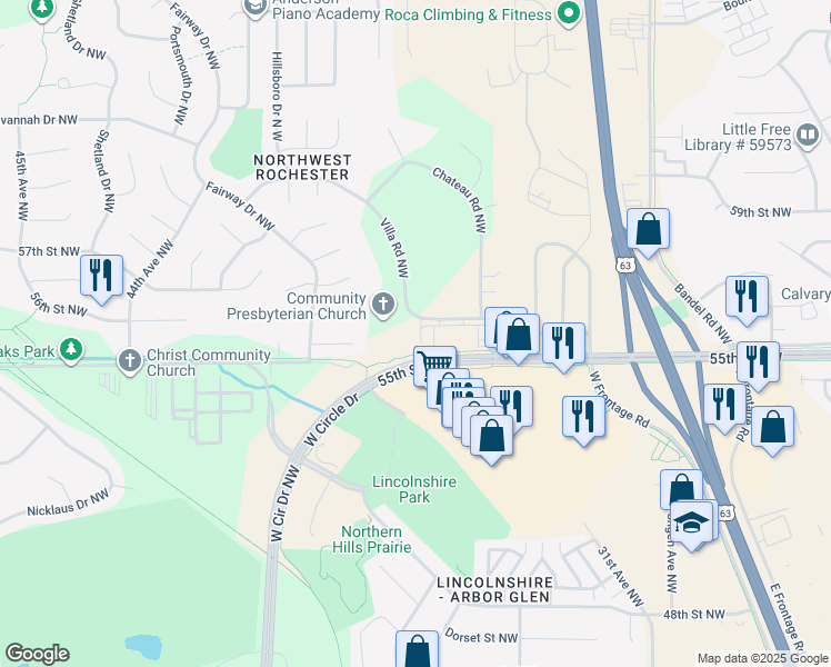 map of restaurants, bars, coffee shops, grocery stores, and more near 3612 Villa Road Northwest in Rochester