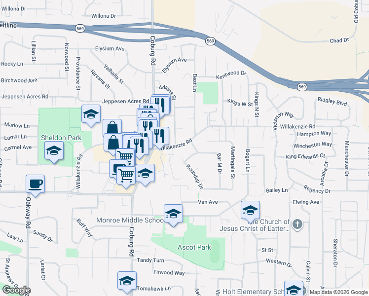 map of restaurants, bars, coffee shops, grocery stores, and more near 2956 Willakenzie Road in Eugene