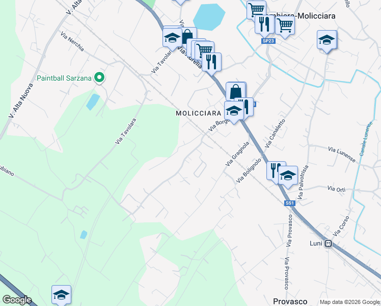 map of restaurants, bars, coffee shops, grocery stores, and more near 48 Via Borgolo in Colombiera-Molicciara