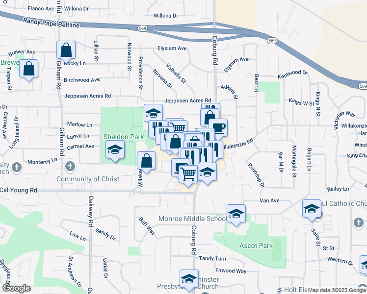 map of restaurants, bars, coffee shops, grocery stores, and more near 2550 Willakenzie Road in Eugene