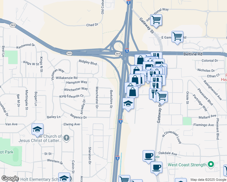 map of restaurants, bars, coffee shops, grocery stores, and more near 3595 Berkshire Street in Eugene