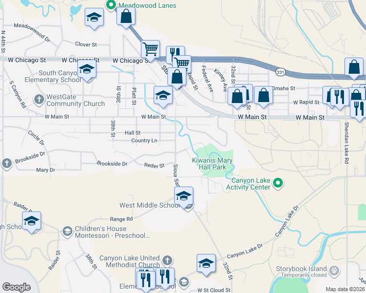 map of restaurants, bars, coffee shops, grocery stores, and more near 3442 Brookside Drive in Rapid City