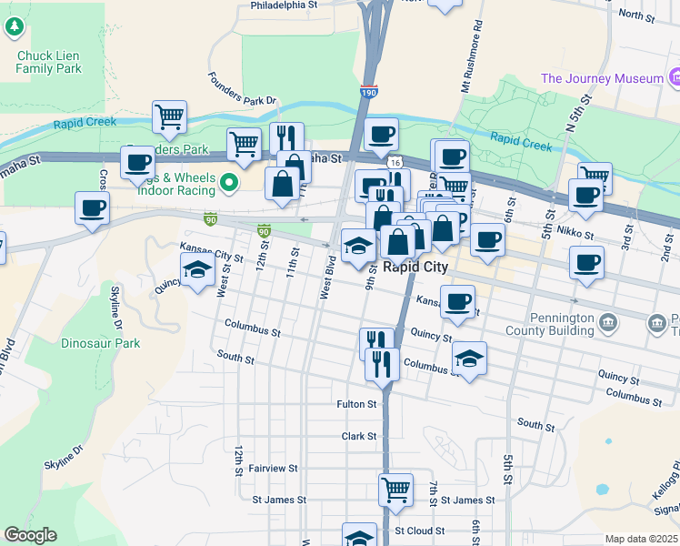 map of restaurants, bars, coffee shops, grocery stores, and more near 928 Kansas City Street in Rapid City
