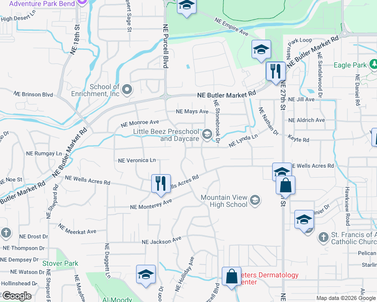 map of restaurants, bars, coffee shops, grocery stores, and more near 2195 Northeast Lynda Lane in Bend