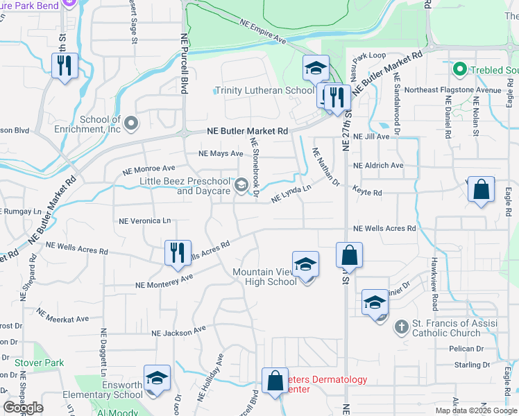 map of restaurants, bars, coffee shops, grocery stores, and more near 2365 Northeast Lynda Lane in Bend