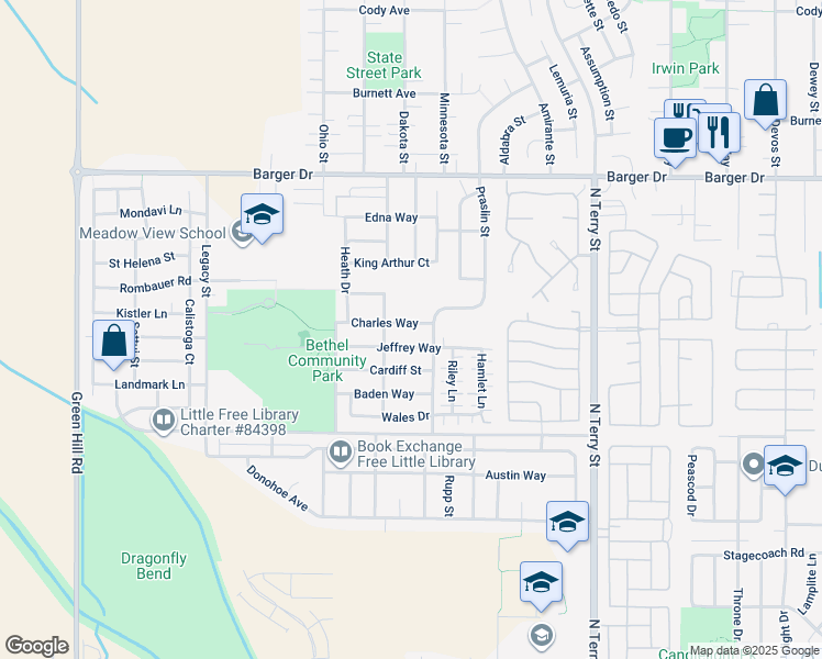 map of restaurants, bars, coffee shops, grocery stores, and more near 5422 Charles Way in Eugene