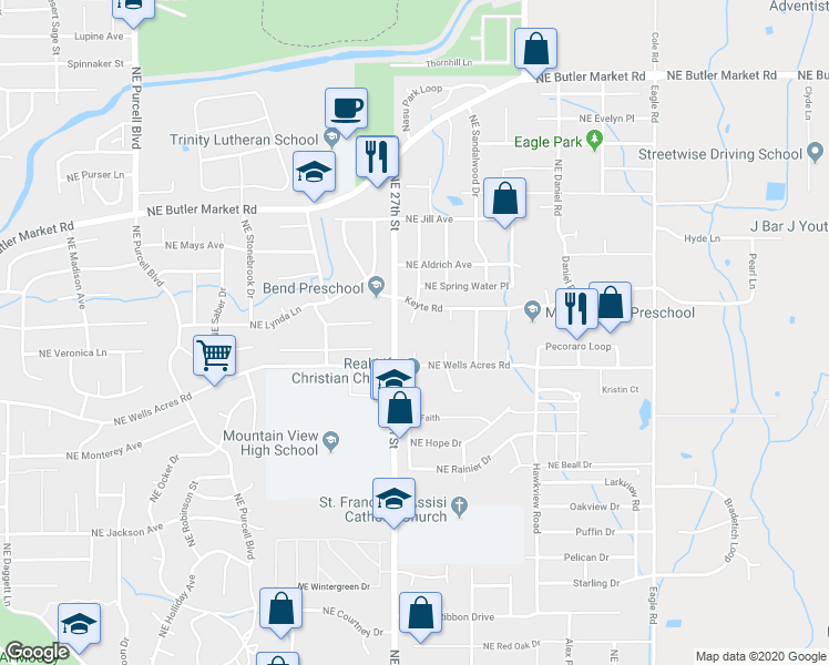 map of restaurants, bars, coffee shops, grocery stores, and more near 3094 Northeast Delmas Street in Bend
