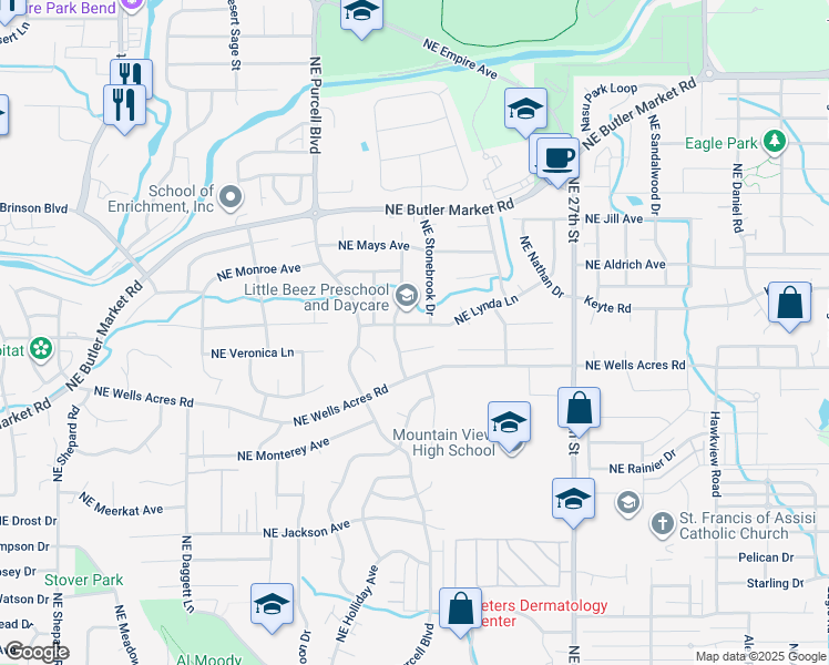 map of restaurants, bars, coffee shops, grocery stores, and more near 2293 Northeast Lynda Lane in Bend