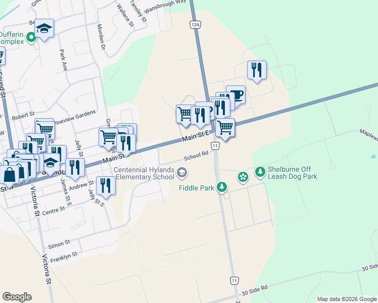 map of restaurants, bars, coffee shops, grocery stores, and more near 10 School Road in Shelburne