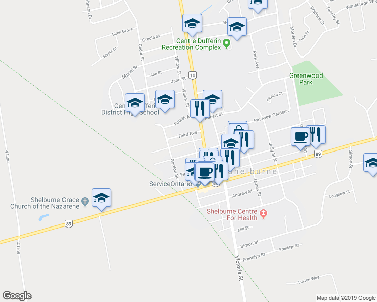 map of restaurants, bars, coffee shops, grocery stores, and more near 114 Second Avenue West in Shelburne