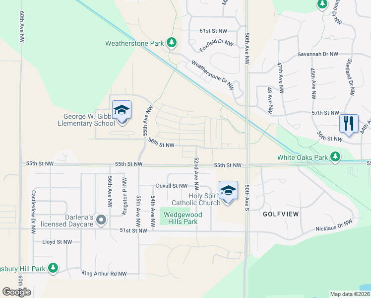 map of restaurants, bars, coffee shops, grocery stores, and more near 5243 56th Street Northwest in Rochester