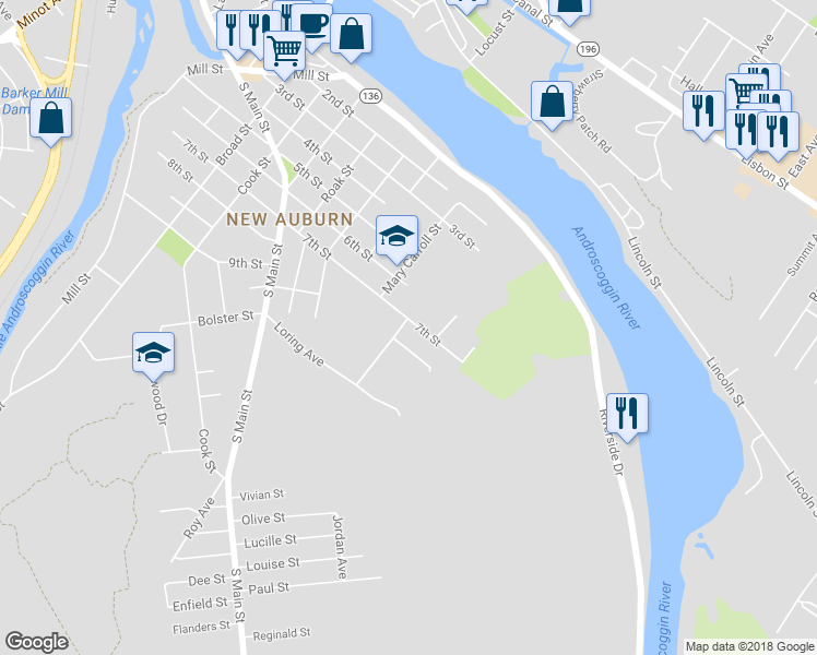 map of restaurants, bars, coffee shops, grocery stores, and more near 213 7th Street in Auburn