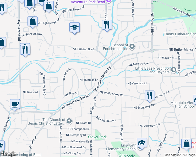 map of restaurants, bars, coffee shops, grocery stores, and more near 1611 Northeast Rumgay Drive in Bend